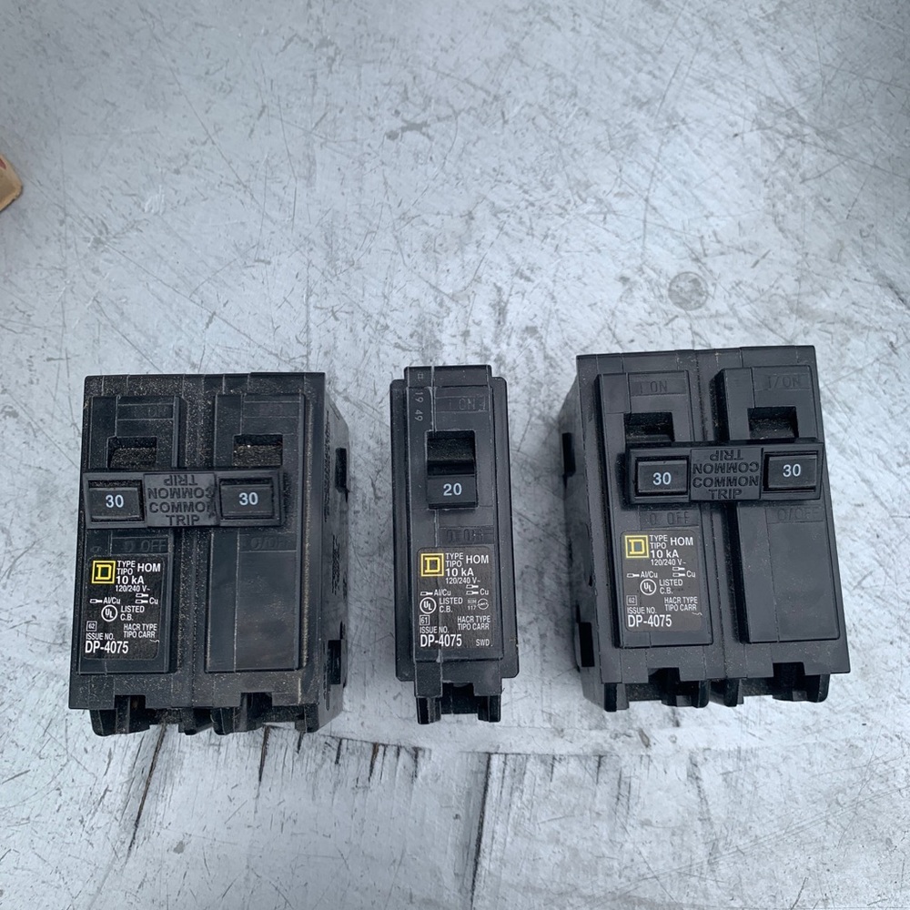 Lot of 3 Breakers-(2) Square D HOM230 30 Amp 2 Pole Circuit Breaker & (1) 20 Amp